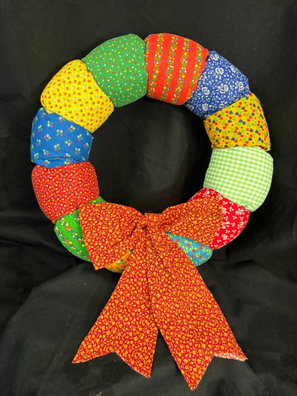 Vintage 80s Handmade Calico Fabric Patchwork Puff Wreath